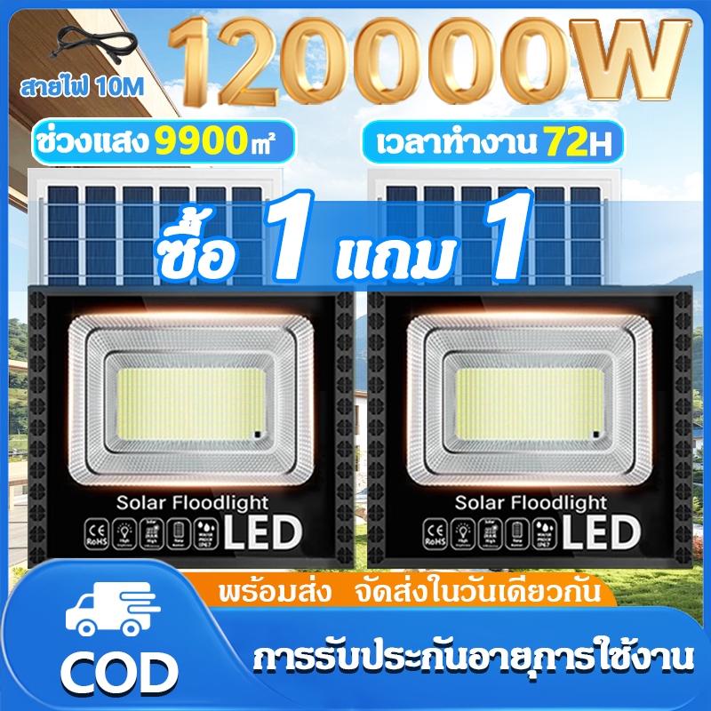 ไฟโซล่าเซลล์ ซื้อ 1 แถม 1 120000W โซล่าเซลล์ solar cell กันน้ำ กันฟ้าผ่า แสงสีขาว พร้อมรีโมท สายไฟ 10ม