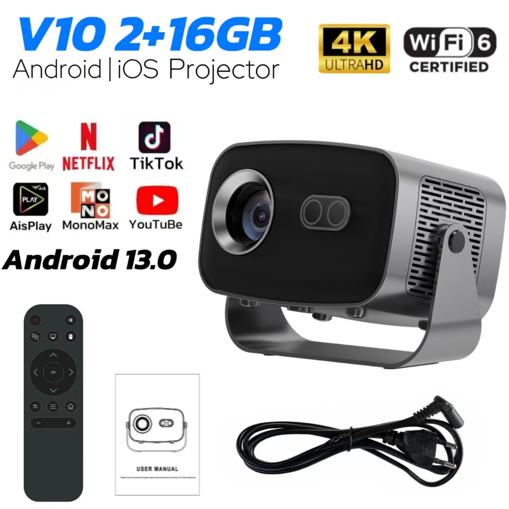 โปรเจ็กเตอร์ 4K V10 2+16GB WiFi6.0/บลูทูธ5.0 HDMI/USB โฮมเธียเตอร์ 1080P โปรเจ็กเตอร์พกพา