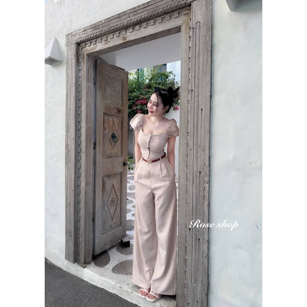 #Ontop Set3ชิ้น เสื้อแขนตุ๊กตา กระดุมหน้า มาพร้อมเกงขายาวทรงเรียบ เข็มขัดสุดหรูปังมาก