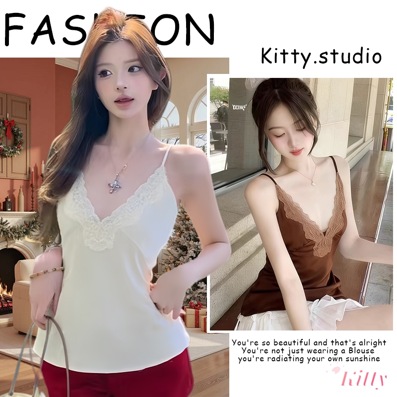 Kittyพร้อมส่ง🌸เสื้อกล้ามคอวีลึก ซาตินลูกไม้ดีไซน์บัลเล่ต์คอร์ ลุคหรูแวววาว สีพื้นคลาสสิก ชุดปาร์ตี้&เดทสุดเซ็กซี่แฟชั่น