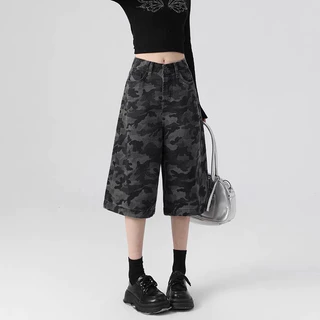 S~5XL Camouflage shorts กางเกงครอปขาตรงสไตล์เรโทรแบบใหม่ กางเกงทรงตรงเอวสูงทรงหลวม กางเกงขาสั้นลายพรางลำลองทรงหลวม