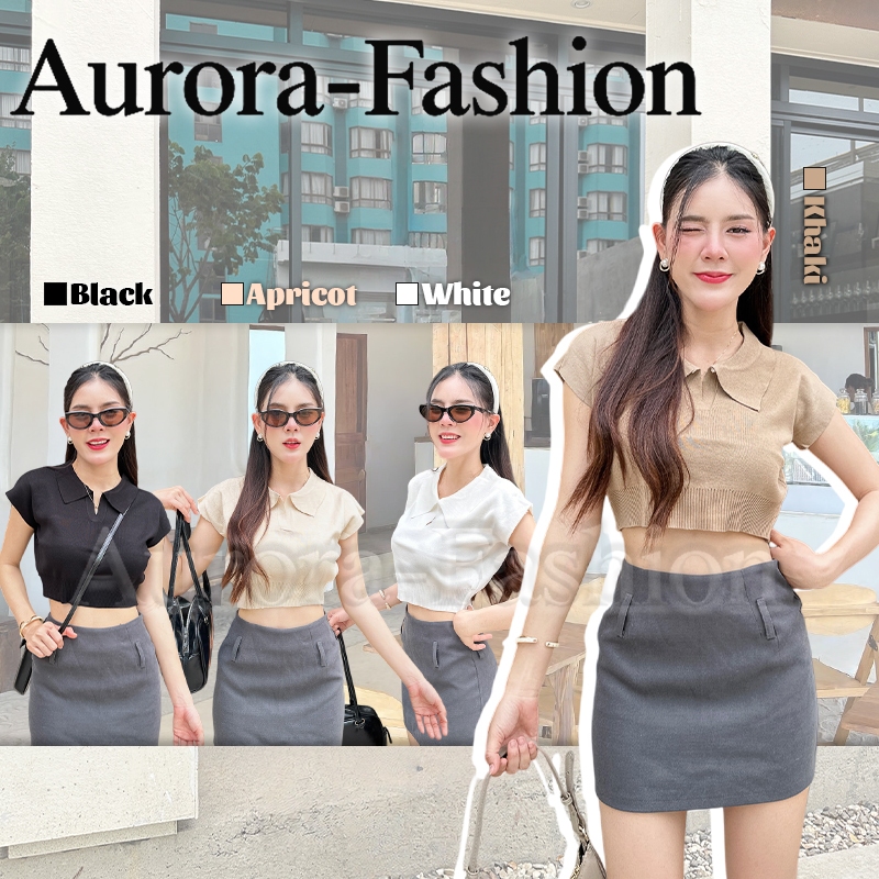 Aurora พร้อมส่ง (รูปถ่ายจากงานจริง) แขนสั้นคอตุ๊กตา แขนสั้นเปลือยสะดือ แน่น สไตล์กระโหลก