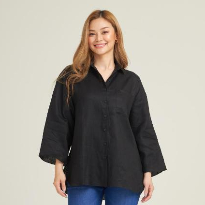 GSP เสื้อเชิ้ตสีดำ ผ้าลินิน ทรงหลวม Oversize ปลายแขนบาน PL3WBL