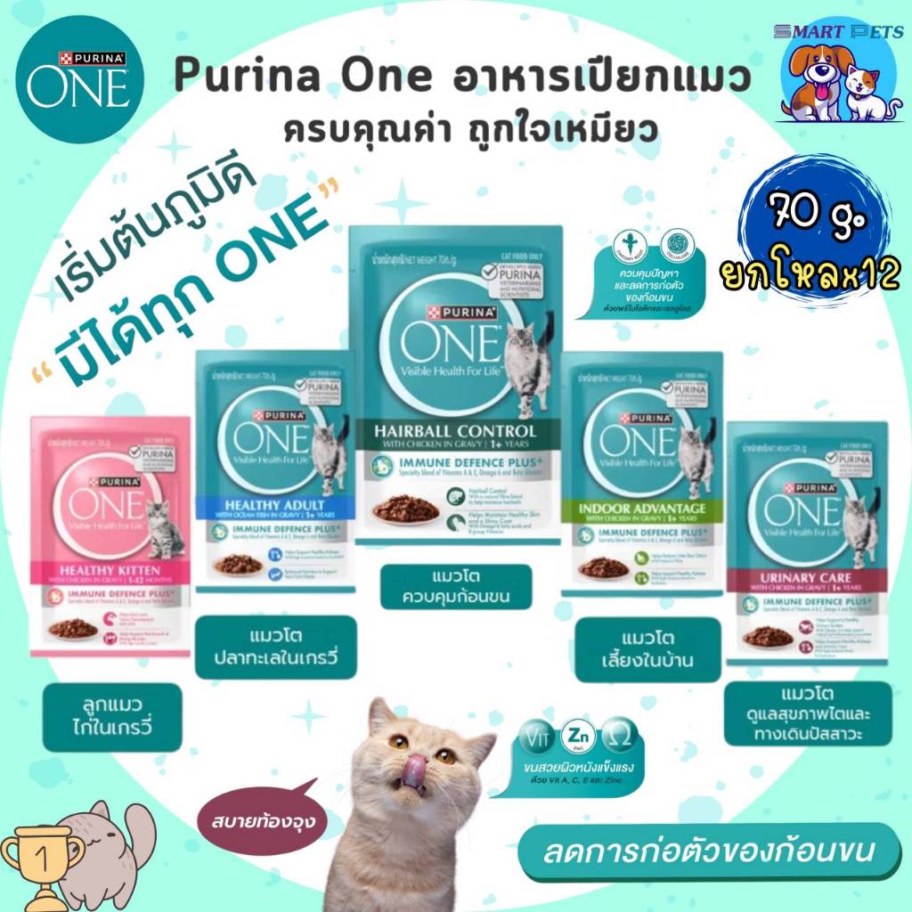 [ยกโหล 12 ซอง-ยกลัง 24 ซอง] Purina ONE อาหารเปียกแมว เพียวริน่าวัน เกรดพรีเมี่ยม ในน้ำเกรวี่ ขนาด 70 กรัม