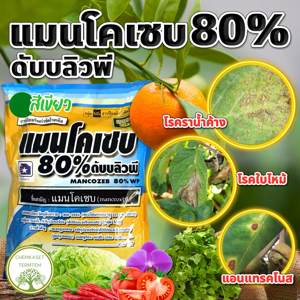 แมนโคเซบ80% เอราวัณ เนื้อสีเขียว ผสมซิงค์ ป้องกันนกำจัดโรคพืช ใบไหม้ โรคใบจุด โรคราสนิม ขนาด 1กก.