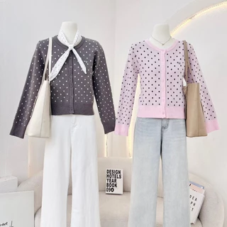 Polkadot cardigan เสื้อคาร์ดิแกนไหมพรม แขนยาว ลายจุด แต่งอะไหล่เงิน เนื้อผ้าถัก KN.Clothes