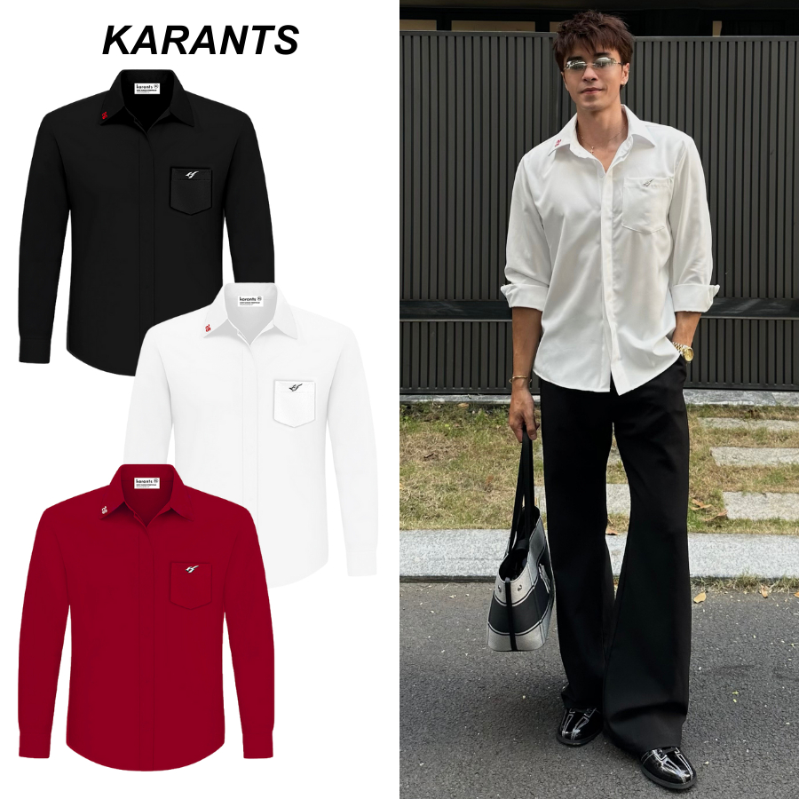 (คอลเลกชันตรุษจีน 2026) Karants เสื้อเชิ้ต Cleanfit เสริมไหล่ แขนยาว ตรุษจีน ลายม้า กระเป๋าทรงกล่อง–