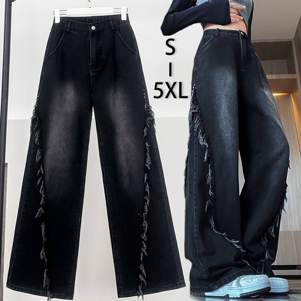 S~5XL Baggy jeans for women กางเกงยีนส์วินเทจสีดำ กางเกงขายาวทรงตรงดีไซน์ขอบดิบสุดเทรนด์ กางเกงยีนส์ขากว้างแบบลำลอง HOT