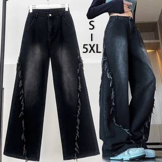 S~5XL Baggy jeans for women กางเกงยีนส์วินเทจสีดำ กางเกงขายาวทรงตรงดีไซน์ขอบดิบสุดเทรนด์ กางเกงยีนส์ขากว้างแบบลำลอง HOT
