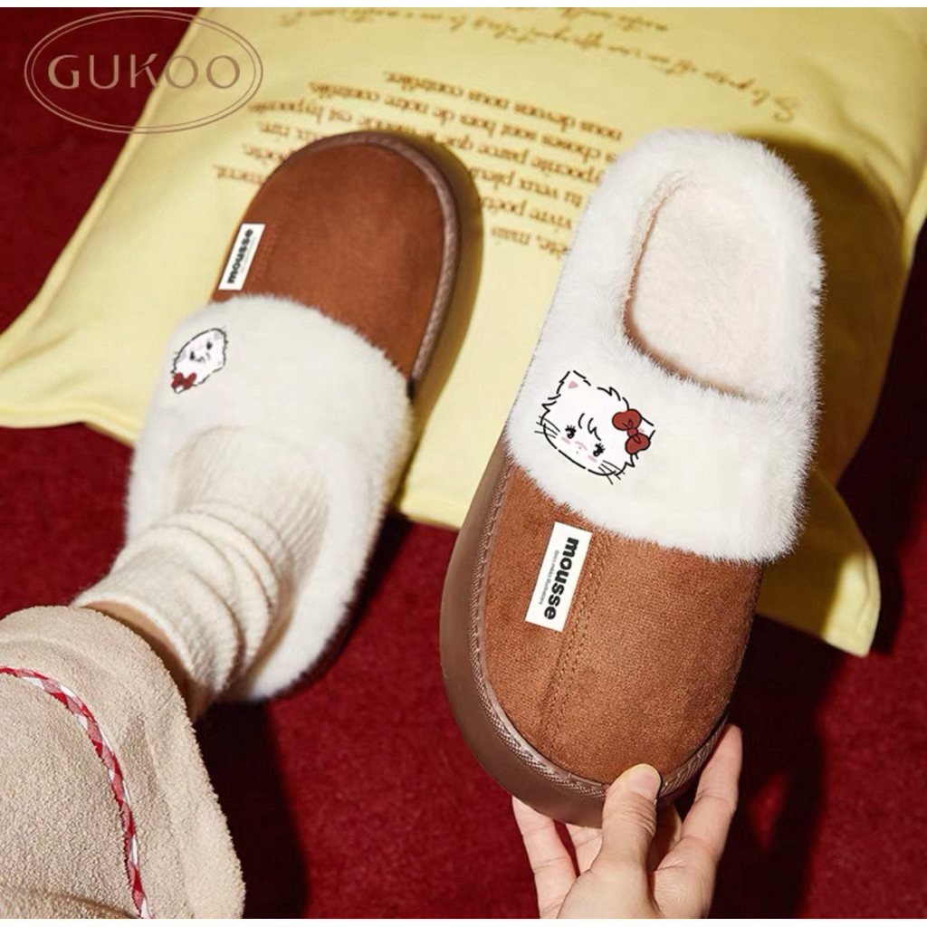 (พรีออเดอร์) รองเท้าแตะขน Gukoo ลายมิกโกะ Mikko & Kitty ลายคิตตี้ สีน้ำตาล
