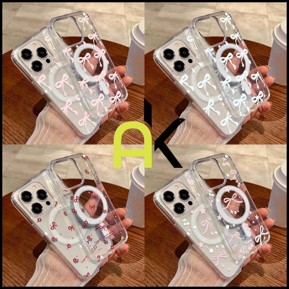 AK โบว์สีแดง เคสชาร์จไร้สายสำหรับ for IPhone 11 12 13 14 15 16 17 Pro Max TPU Wireless Charger Magnetic Case