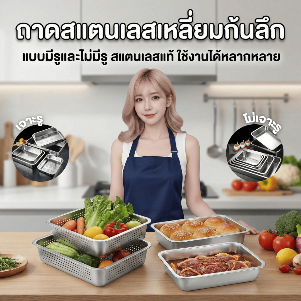 ถาดเหลี่ยมสแตนเลสก้นลึก SUS304 รุ่นหนาพิเศษ แบบเจาะรู/ไม่เจาะรู สแตนเลสเกรดอาหาร หนา แข็งแรง ทนทาน