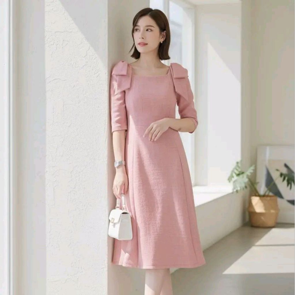 DS018 เดรสออกงาน (ผ้าฟลอร่า)ชุดทำงานคอเหลี่ยมดีเทลแต่งโบว์ไหล่แขน3ส่วนน่ารักเรียบหรู ความยาว41นิ้ว (ลงตรงไซส์ได้เลยจ้า)