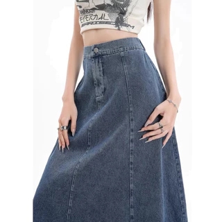 S~5XL Long skirt women Elastic band design กระโปรงยีนส์เอวสูงทรงเอเอวสูงสไตล์เกาหลีแบบไม่มีร่องผ่ากระโปรงทำงานทรงหางปลา