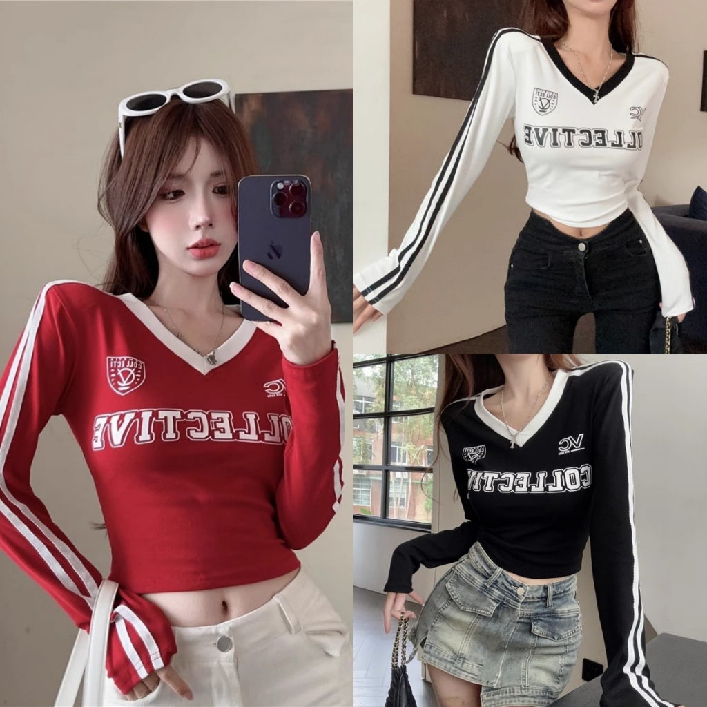 เสื้อยืดแขนยาวสไตล์อเมริกัน คอวี ดีไซน์สีตัดกัน ทรงเข้ารูป เสื้อครอปสำหรับผู้หญิง