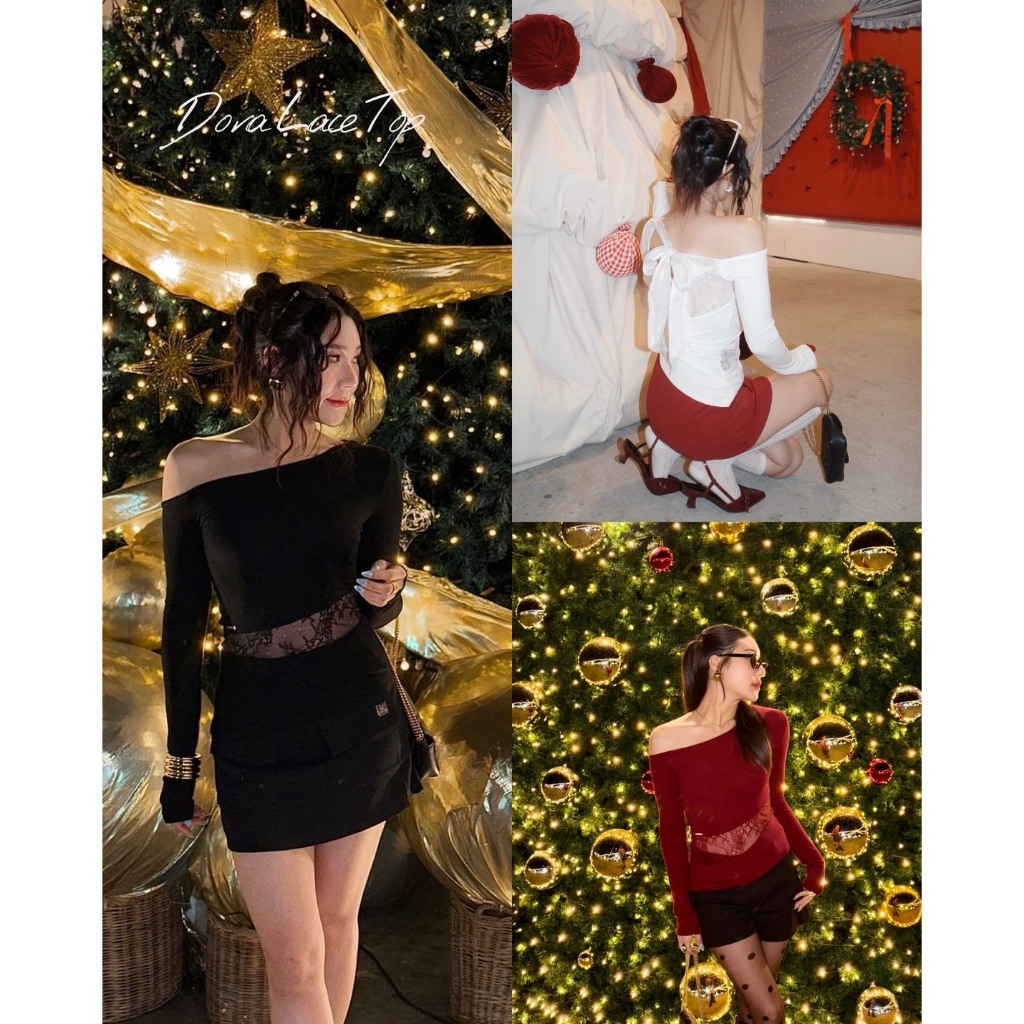 THESUNCO-Dora Lace Top เสื้อแขนยาวปาดไหล่ข้างเดียว ดีเทลลูกไม้ พร้อมผูกโบว์ด้านหลัง