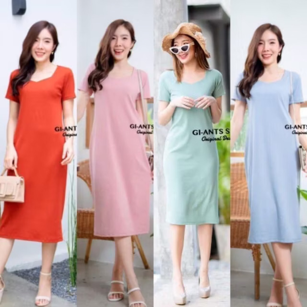 เดรสยาวผ้าร่อง คอ5เหลี่ยม งานแบรน์ Gi-ant