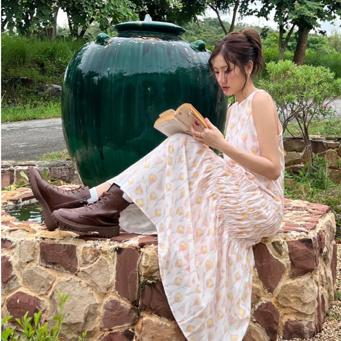 kokiji - Tulip Dress (เดรสยาวทรงปล่อย เย็บเฉียง ลายทิวลิปสีชมพูพีช)