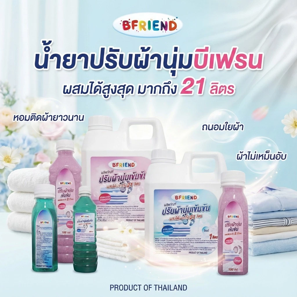 ใหม่! ปรับผ้านุ่มเข้มข้น BFRIEND 1 ลิตร ผสมได้ 21 ลิตร! หอมนาน ผ้านุ่มฟู นุ่มลื่นทุกสัมผัส ส่งฟรี คุ้มสุดในตลาด