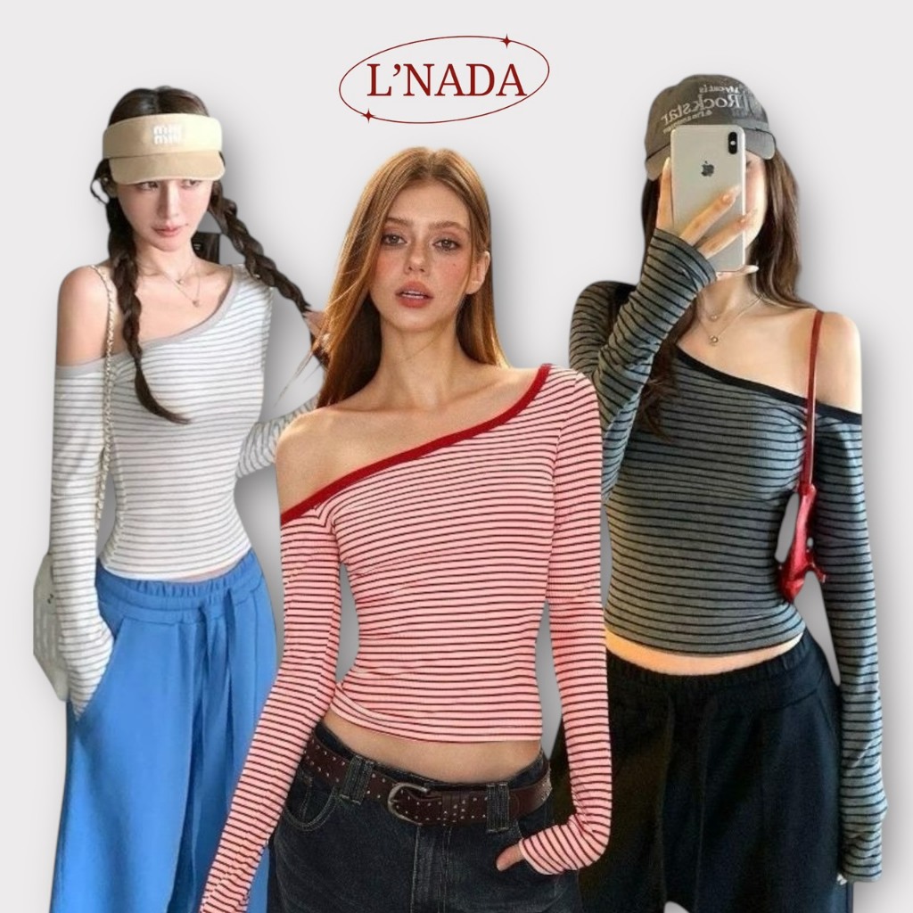 L'NADA เสื้อครอปแขนยาวลายทางสุดชิค ดีไซน์เปิดไหล่ เพิ่มความเก๋ มี 4 สี เทา ดำ แดง น้ำตาล พร้อมส่งจากไทย(5133)