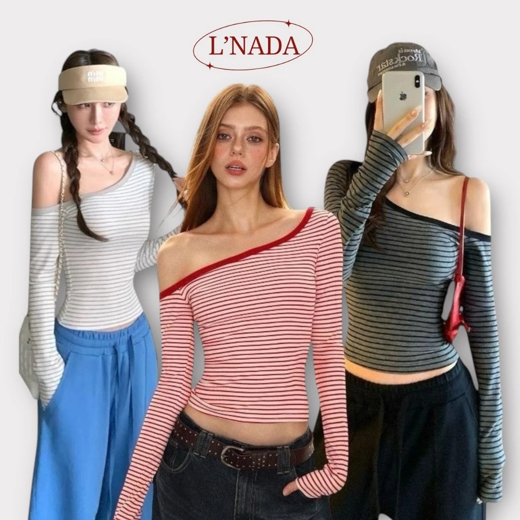 L'NADA เสื้อครอปแขนยาวลายทางสุดชิค ดีไซน์เปิดไหล่ เพิ่มความเก๋ มี 4 สี เทา ดำ แดง น้ำตาล พร้อมส่งจากไทย(5133)