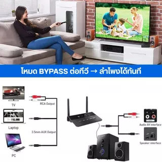 Bluetooth 5.4 รับ–ส่งในตัว ระยะไกล 80M รองรับ 2 อุปกรณ์ หน่วงต่ำ aptX LL ใช้ได้กับทีวีทุกยี่ห้อ แบต 10 ชม. โหมด Bypass