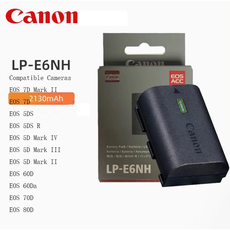 ชุดแบตเตอรี่ลิเธียมไอออนแท้ Canon LP-E6NH สำหรับ EOS 60D 70D 80D 6D 7D 7DII 5D 5DSR battery