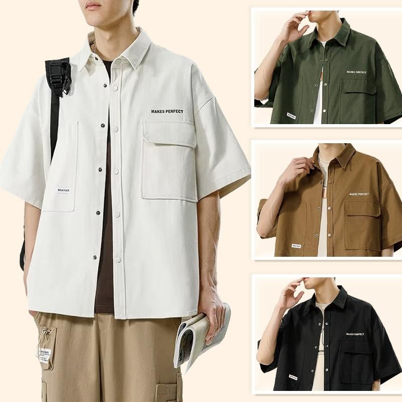 เสื้อเชิ้ตลำลองชายสไตล์เกาหลี มีกระเป๋าขนาดใหญ่ เสื้อแจ็คเก็ตแขนสั้นทรงหลวมทันสมัย ​​มีหลายสีให้เลือก【COD】