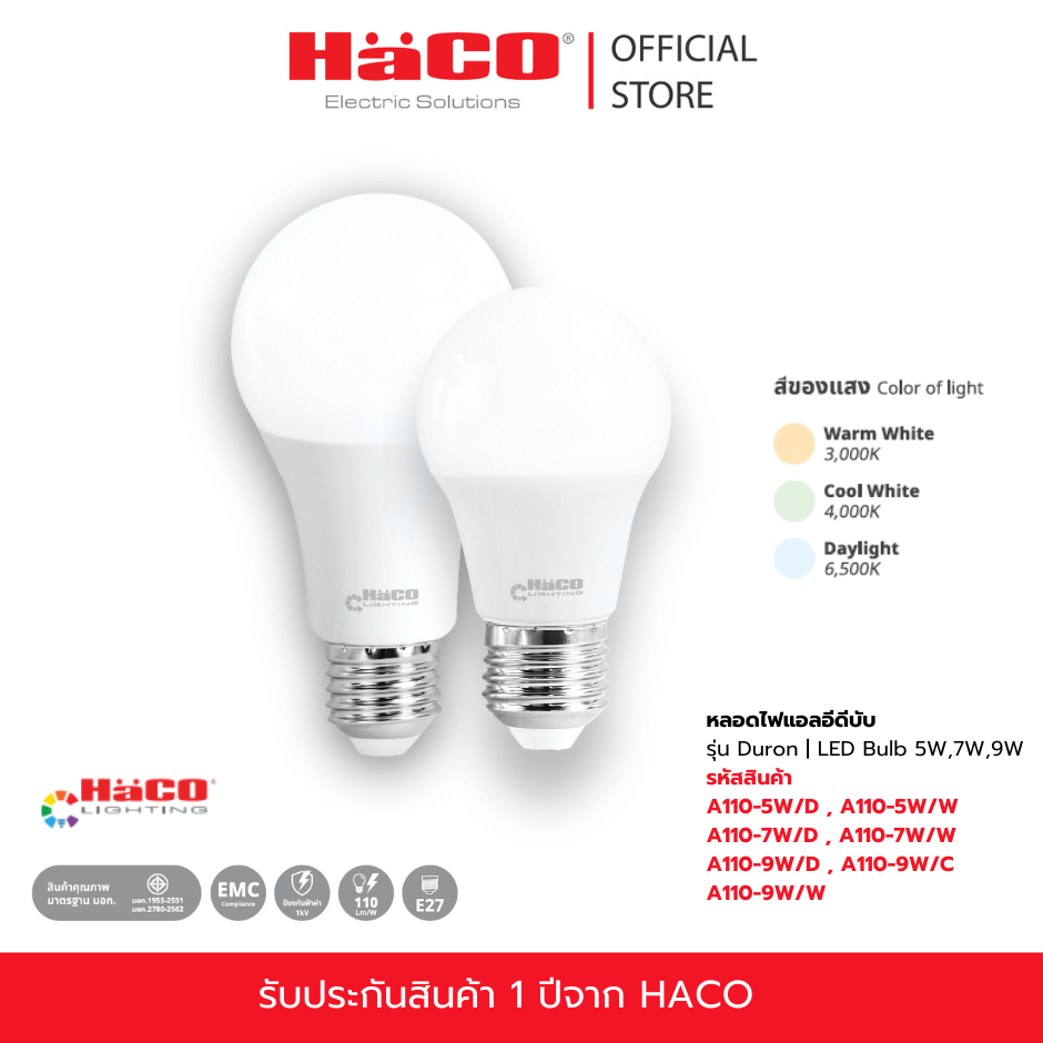 HACO หลอดไฟแอลอีดีบับ รุ่น Duron | LED Bulb กำลังไฟ 5W,7W,9W รุ่น A110