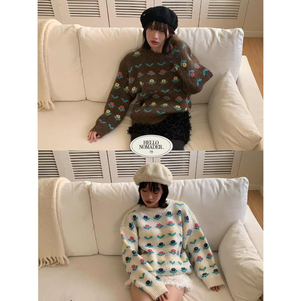 NOMADE.& พร้อมส่ง เสื้อสเวตเตอร์ลายดอก Marian Sweater (สีน้ำตาล/ไอวอรี่)