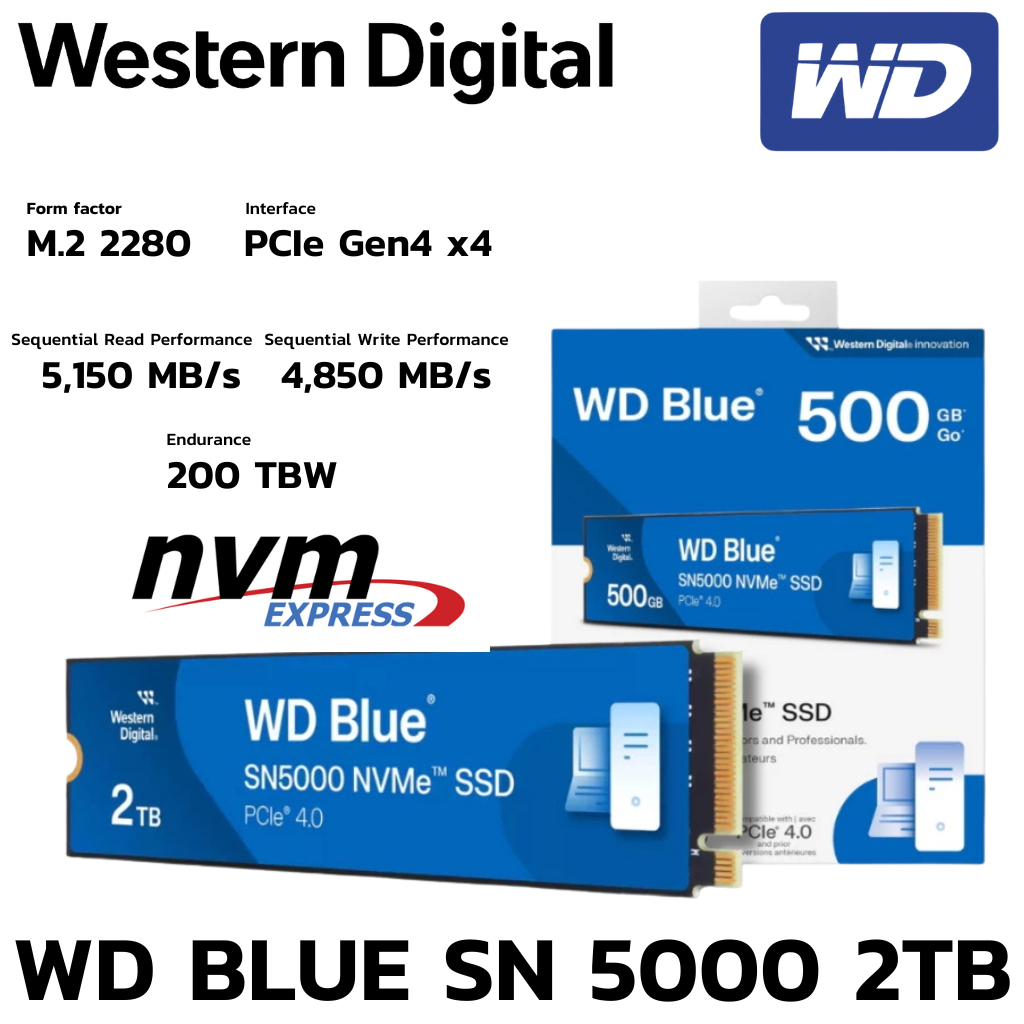 M.2 2 TB SSD (เอสเอสดี) WD BLUE SN5000 - PCIe 4x4 NVMe M.2 2280 (WDS200T4B0E)