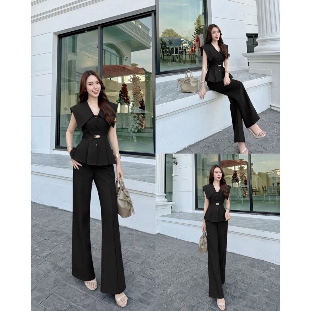 THE CLOSETA : LB587 ชุดเซ็ทเสื้อทรงคอปกใหญ่กระดุมหน้า พร้อมเข็มขัด กางเกงขายาวเข้าชุดผ้าสูท ราคา ถูกที่สุด ดีลบีเคเค แกลเลอรีภาพที่ 4
