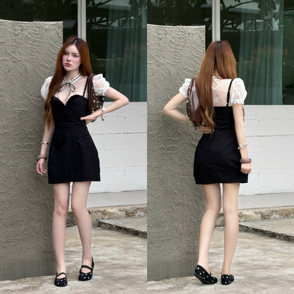 New❤️พร้อมส่ง✨ set 2 ชิ้น ชุดเดรส  - ชุดเดรส ผ้าลูกฟูก สายปรับระดับได้ เสื้อด้านใน ผ้าตาข่ายยืด ลายจุด