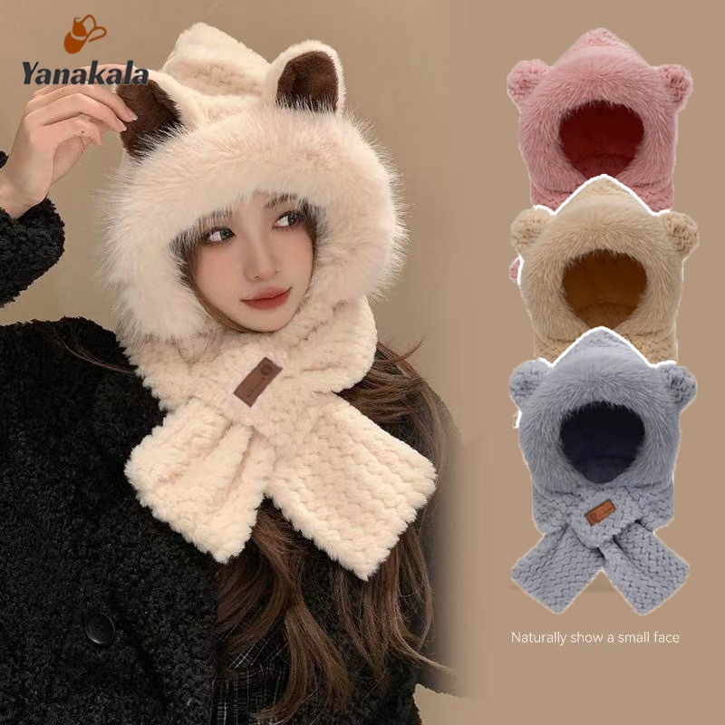 ส่งเร็ว🚚หมีน้อย หมวก ผู้หญิง หวาน น่ารัก ตุ๊กตา ผสมผสาน ผ้าพันคอ อบอุ่น ป้องกันหู หมวกถัก-Yanakala
