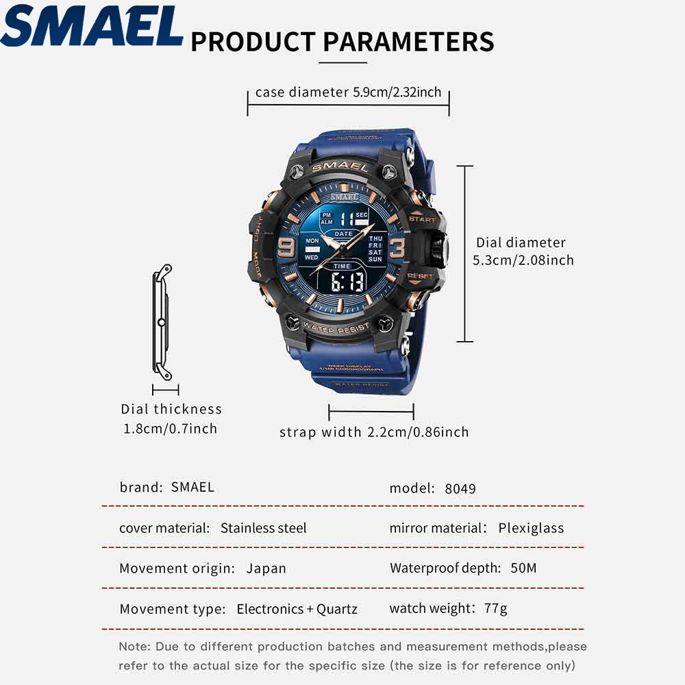 SMAEL 8049 สไตล์ยุทธวิธี, เกียร์ฮาร์ดคอร์! เกรดทหารกันน้ำและกันกระแทก, โซนเวลาคู่ LED Backlight ช่วยให้คุณควบคุมสภาพแวดล - รูปที่ 3