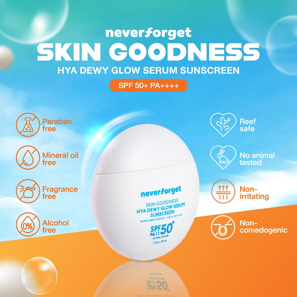 Never Forget Skin Goodness Hya Dewy Glow Serum Sunscreen SPF50+ PA++++ กันแดด ผิวโกลว์ บางเบา กันแดดน้ำนม 30 มล.