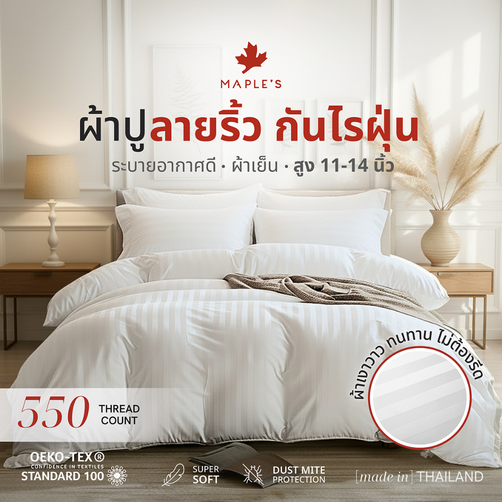 MAPLE'S ผ้าปูรัดมุม รุ่นลายริ้ว 550เส้น กันไรฝุ่น 11-14นิ้ว 5ฟุต 6ฟุต ผ้าปูกันฝุ่น striped bedsheet