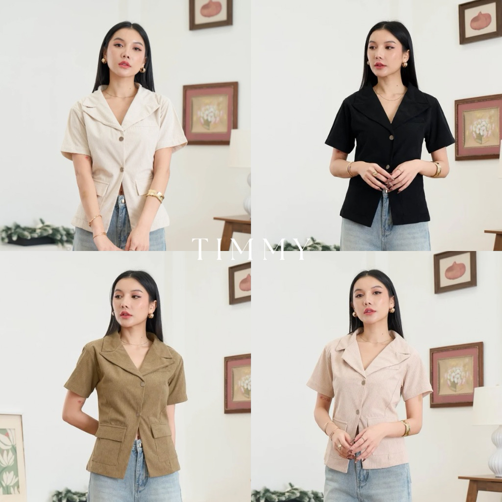 TIMMY TOP (เฉพาะเสื้อ) เสื้อแขนสั้นคอปกผ้าลูกฟูก ดีเทลกระเป๋าหน้า ด้านหลังมีปรับระดับให้เข้าเอวสวยพอดีตัว