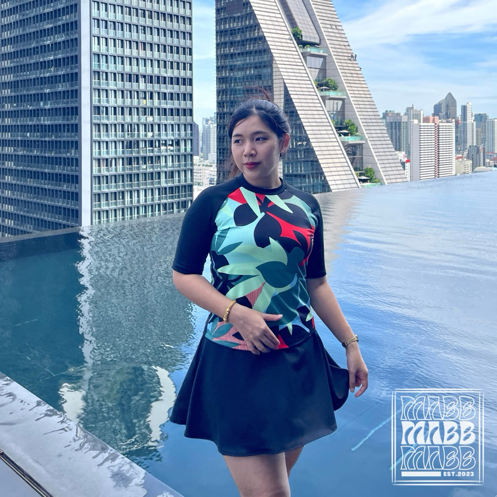 New! MABB - Wasabi Swimwear ชุดว่ายน้ำแขนสั้น กระโปรงกางเกง เซ็ต 3 ชิ้น ชุดว่ายน้ำสาวอวบไซส์ใหญ่