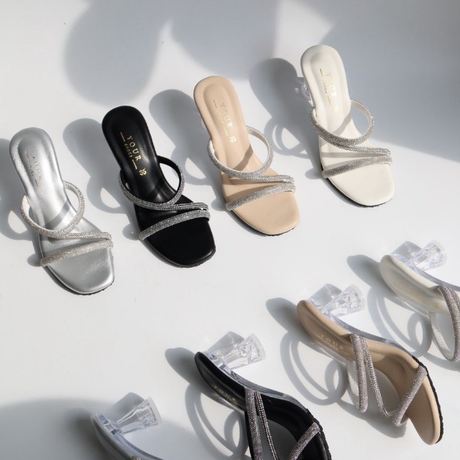 YOURSHOES O73 / รองเท้าส้นสูง 3นิ้ว รองเท้าส้นแก้วสายเพชร รองเท้าผู้หญิง