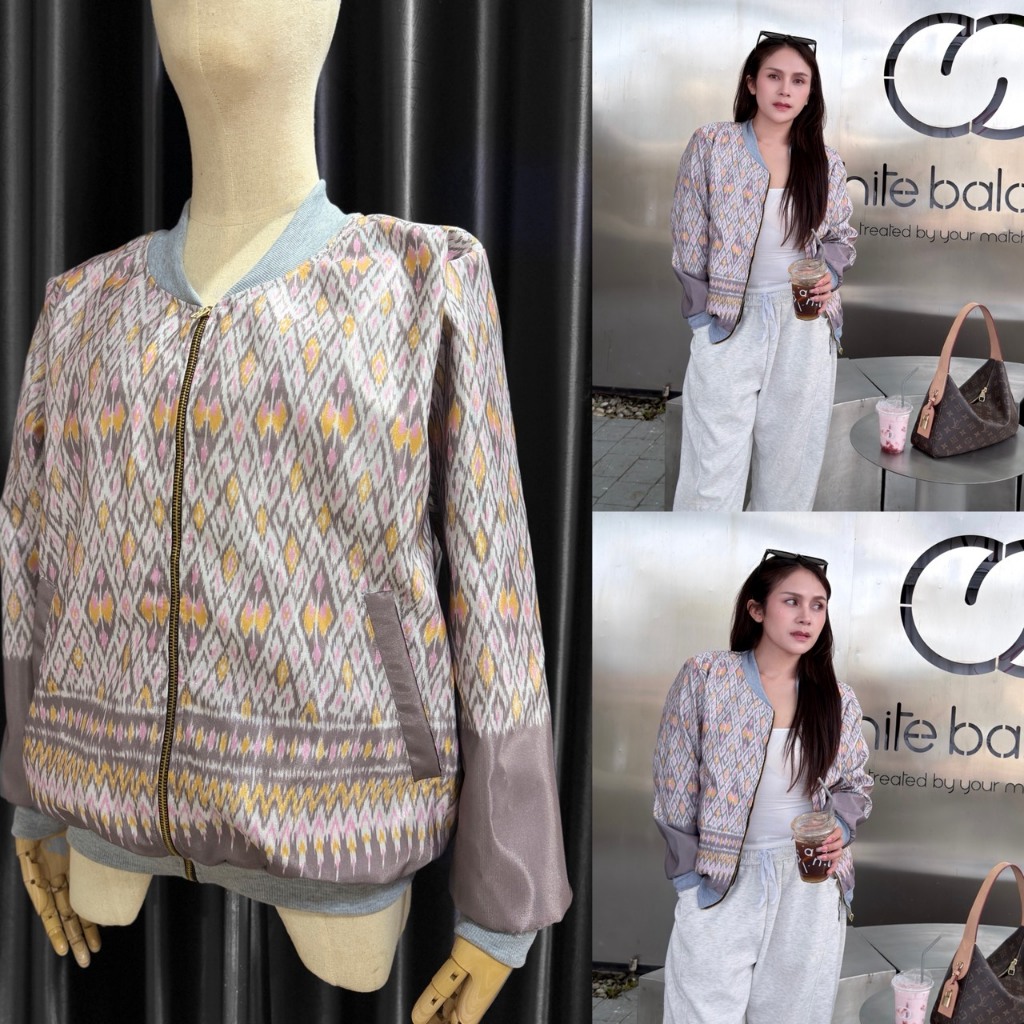 แจ็คเก็ตผ้าไทยทอลายมัดหมี่ (สีเทา)