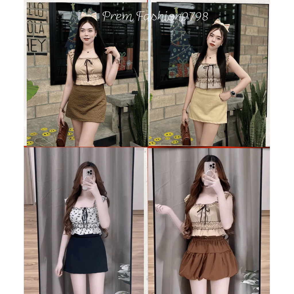 @PREM🌸ชุดเซท 2 ชิ้น 2แบบกระโปรงสั้นมีซับใน✅ผ้าพิมพ์ลายโบว์🎀เสื้อแขนตุ๊กตาน่ารัก❤️