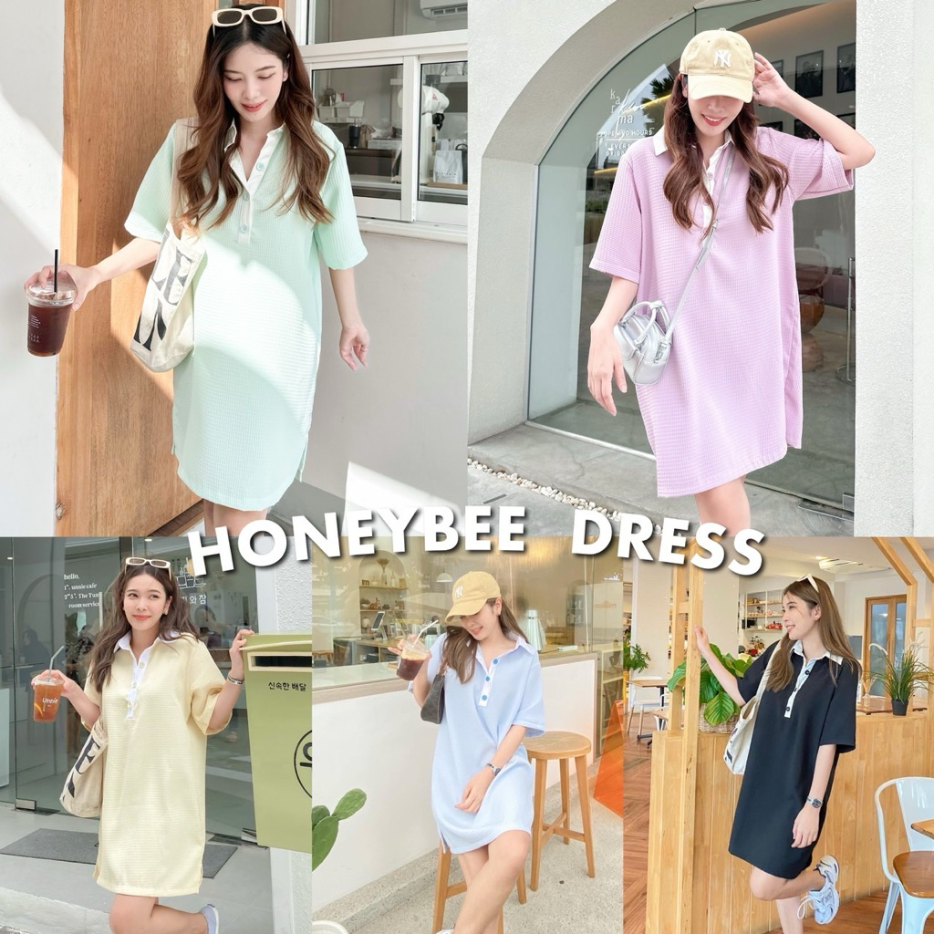 HONEYBEE DRESS มินิเดรสทรงโอเวอร์ไซส์ ใส่ง่าย เนื้อผ้าวาฟเฟิลเกรดพรีเมี่ยม นุ่มมาก ฟีลลูกคุณหนู