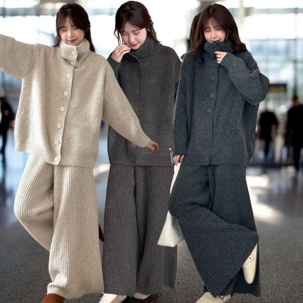 HP60 Airport look ทรงสวย ผ้าไหมพรม อุ่น หนา เสื้อกระดุมผ่าหน้า ใส่แบบคอปกหรือติดกระดุมเป็นคอตั้งก็ได้ กางเกงทรงขากว้าง