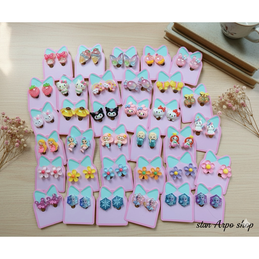 ตุ้มหูเด็ก,ต่างหูแบบหนีบ,ส่งจากปทุมธานี(ลายเยอะกว่าในรูป)แถมซิลิโคนกันเจ็บทุกคู่