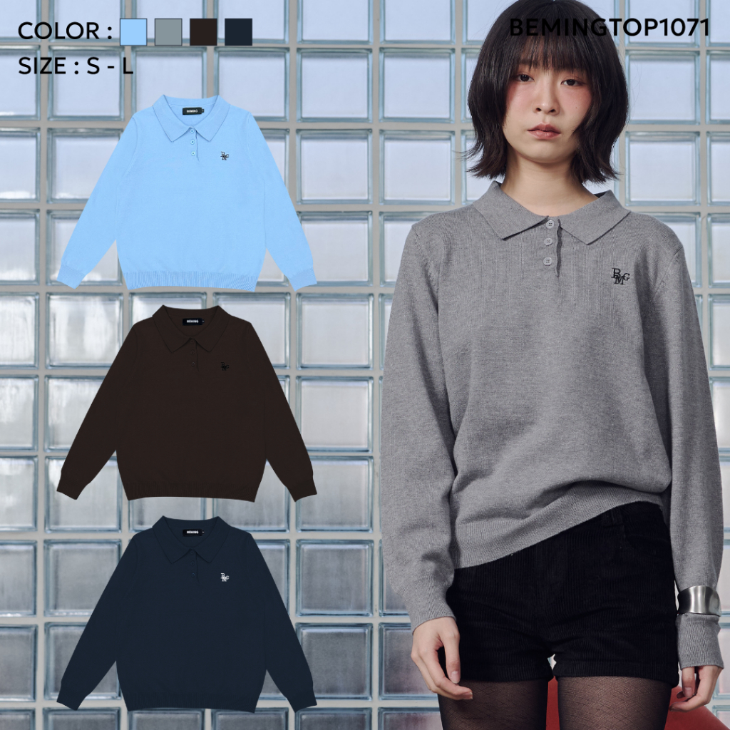 Bemingtop1071 (S-L)-BMG Polo Collar Sweater - เสื้อสเวตเตอร์โปโลคอปกแขนยาว ปักโลโก้ BMG ที่หน้าอก