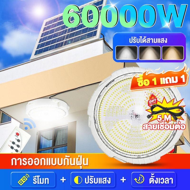 Alisa【เปลี่ยนฟรี 10ปี】โคมไฟเพดาน ไฟเพดานบ้าน 60000W SolarLightไฟ LEDโคมไฟโซล่าเซลล์สว่างอัตโนมัติเมื่อฟ้ามืด ชาร์จไฟอัตโ