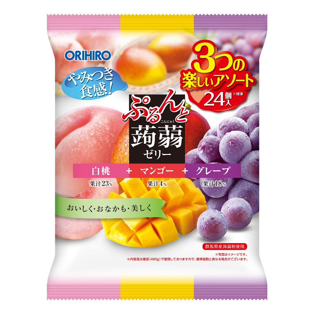 Orihiro Jelly Peach&Mango&Grape 480g. โอริฮิโระ เจลลี่พีช,มะม่วง,องุ่น 480กรัม (24 ชิ้น)