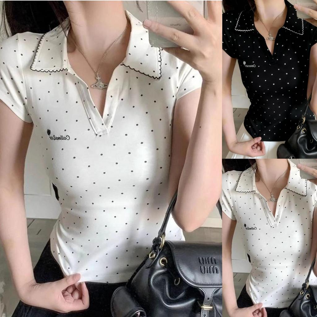 สไตล์อเมริกันวินเทจสีขาวเวฟจุดโปโลคอแขนสั้นเสื้อยืดผู้หญิงบางพอดีแสดงผอมหวานร้อนด้านบน4847