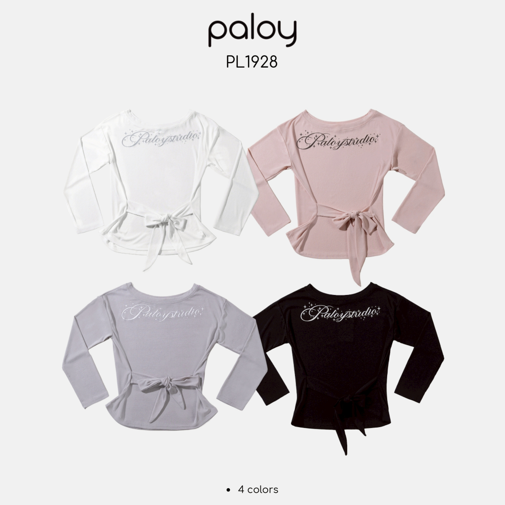 Paloy - PL1928 เสื้อแขนยาวปาดไหล่ แต่งโบว์ผูกเอว สกรีน Paloystudio